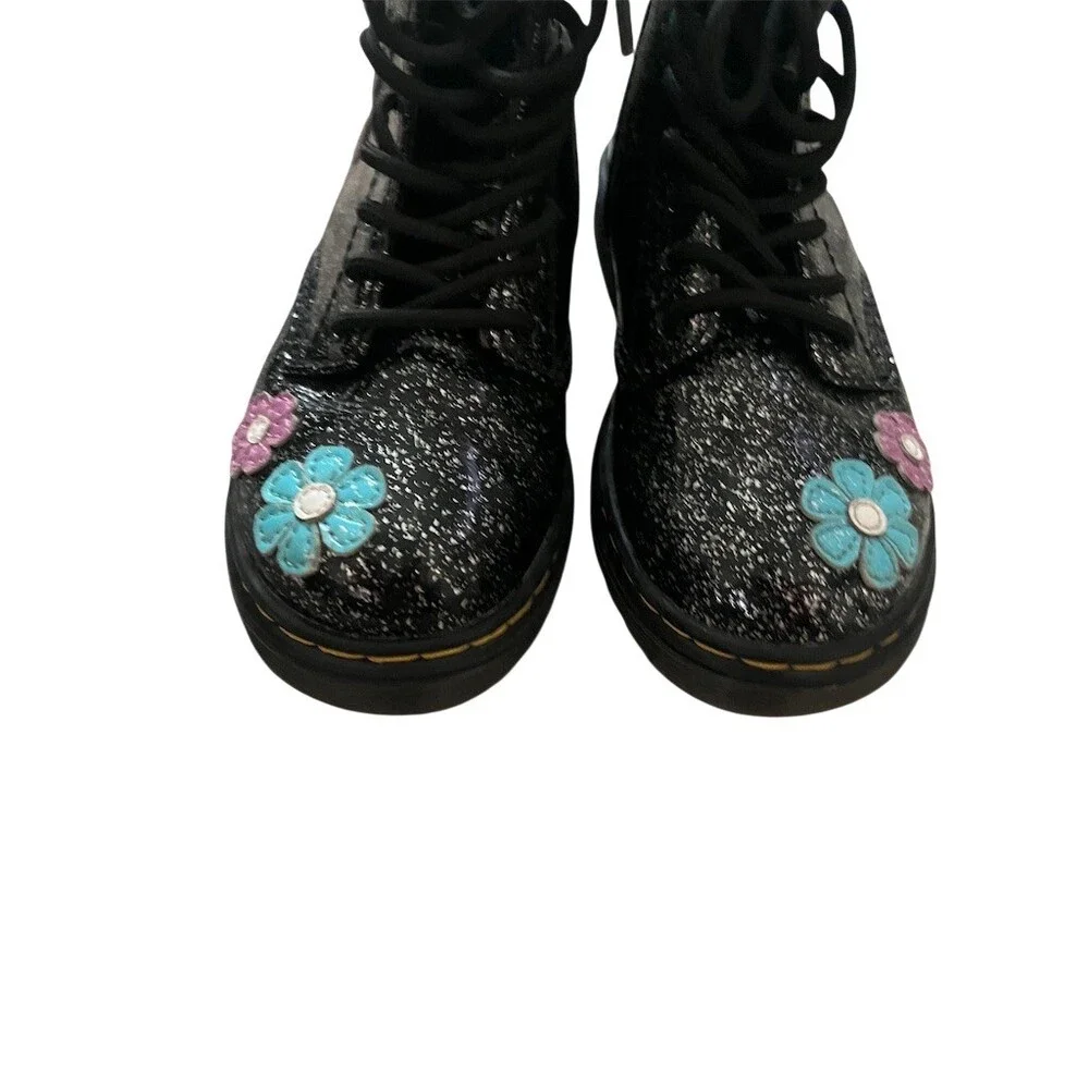 Dr. Martens 1460 Girls Boots Size 10 Black Glitter Floral Lace-Up Side Zip